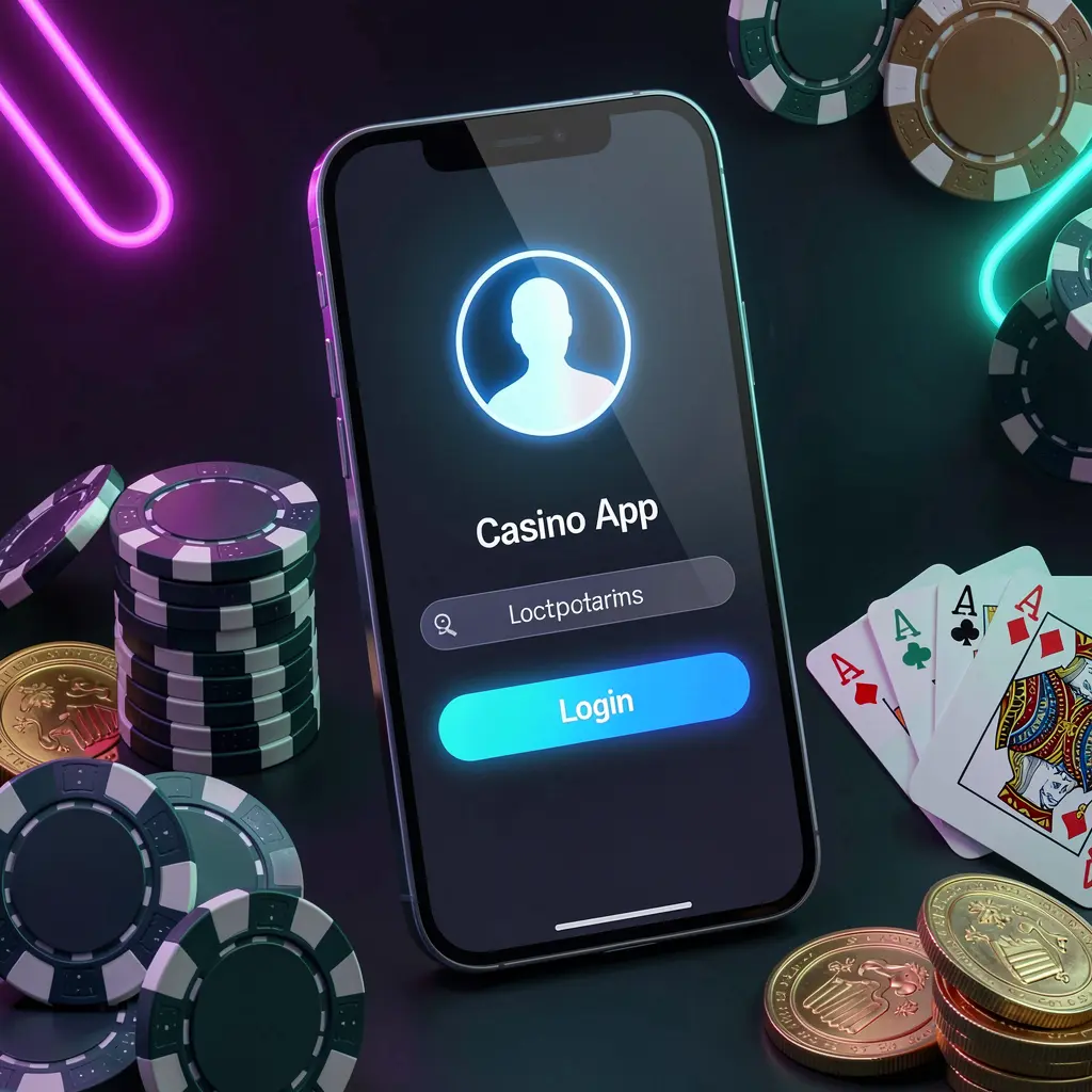 588BET casino app login scene on a smartphone with glowing user profile icon, surrounded by chips, cards, and coins against an elegant dark background with neon highlights
