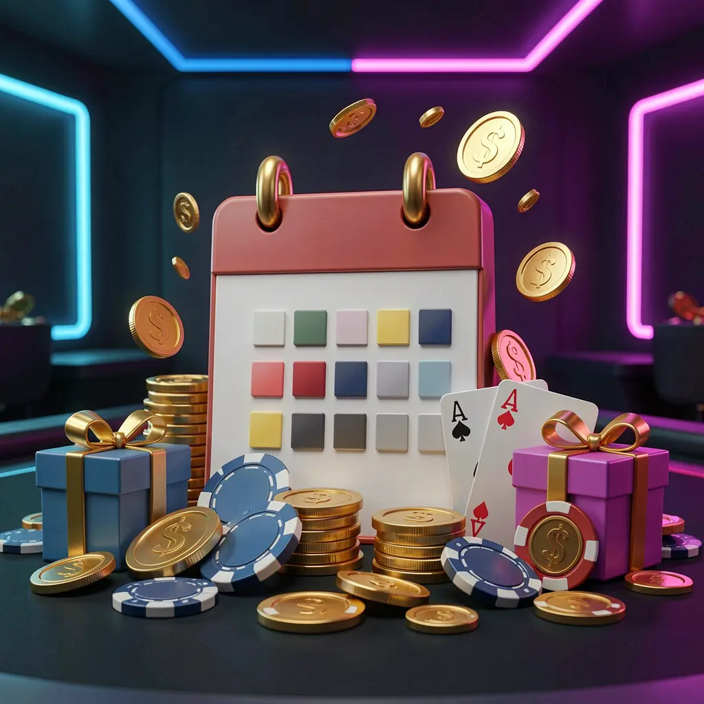 588BET weekly online casino bonus concept featuring a calendar icon surrounded by golden coins, gift boxes, poker chips, and playing cards in a festive casino atmosphere with dark modern background and neon lights
