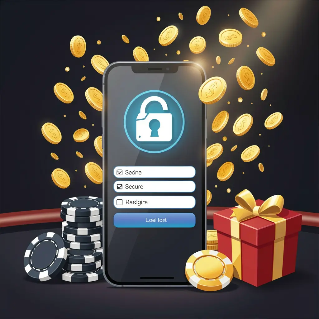 588BET casino user login illustration showing a phone with a secure access icon, golden coins bursting from the screen, poker chips and a gift box nearby on a dark premium background