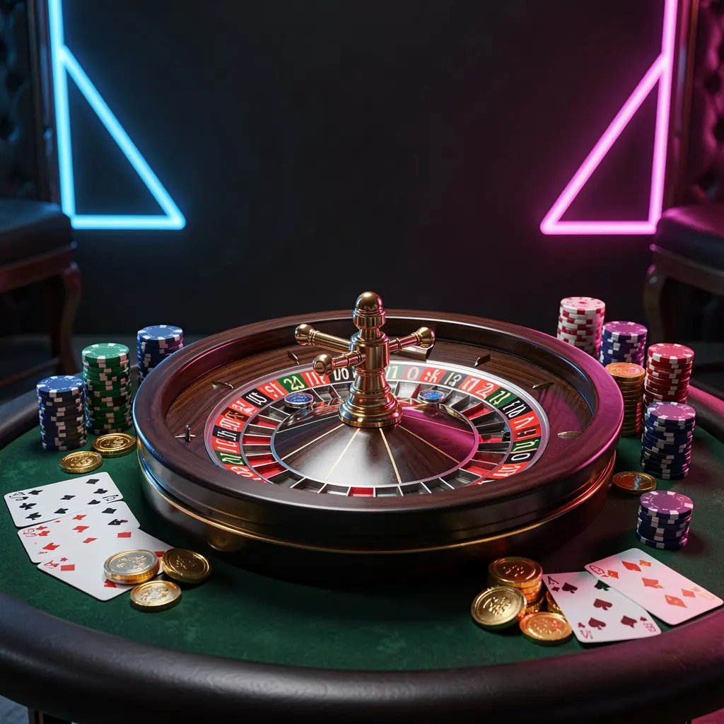 Luxury casino table with roulette wheel, poker chips, playing cards, and golden coins in a dark premium background with neon glow, showcasing 588BET's online casino homepage hero banner